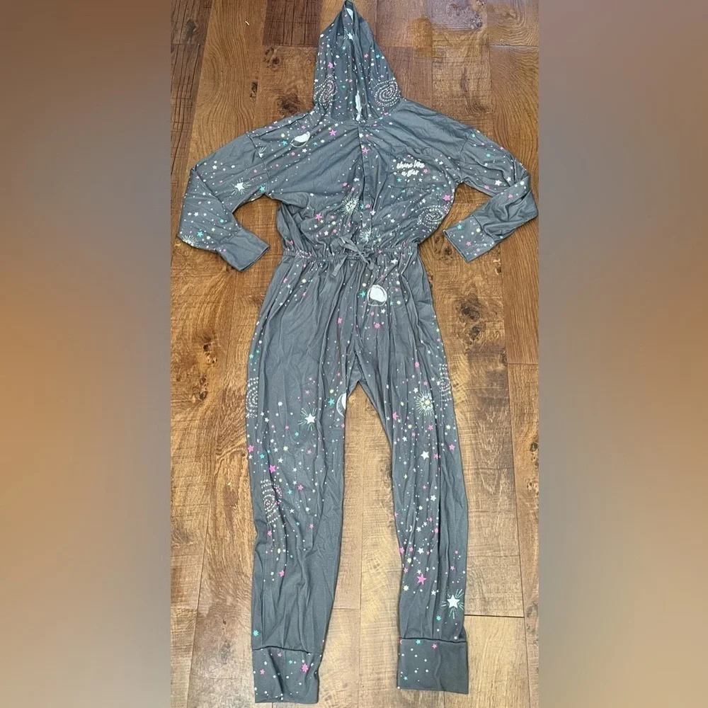 Justice girls one piece starry night pajamas girl Sz 16/18P hood